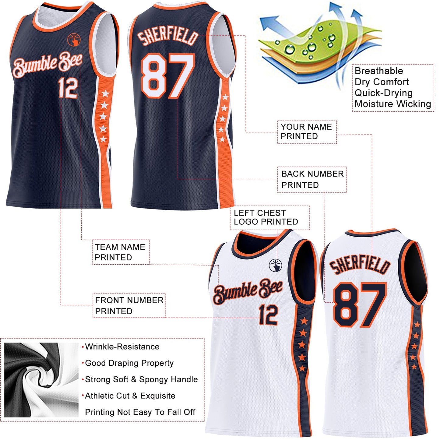 Custom Reversible Navy White-Orange Double Side Star Sublimation Basketball Set Jersey