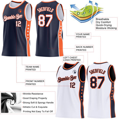 Custom Reversible Navy White-Orange Double Side Star Sublimation Basketball Set Jersey