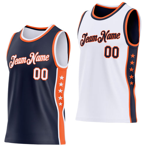 Custom Reversible Navy White-Orange Double Side Star Sublimation Basketball Set Jersey