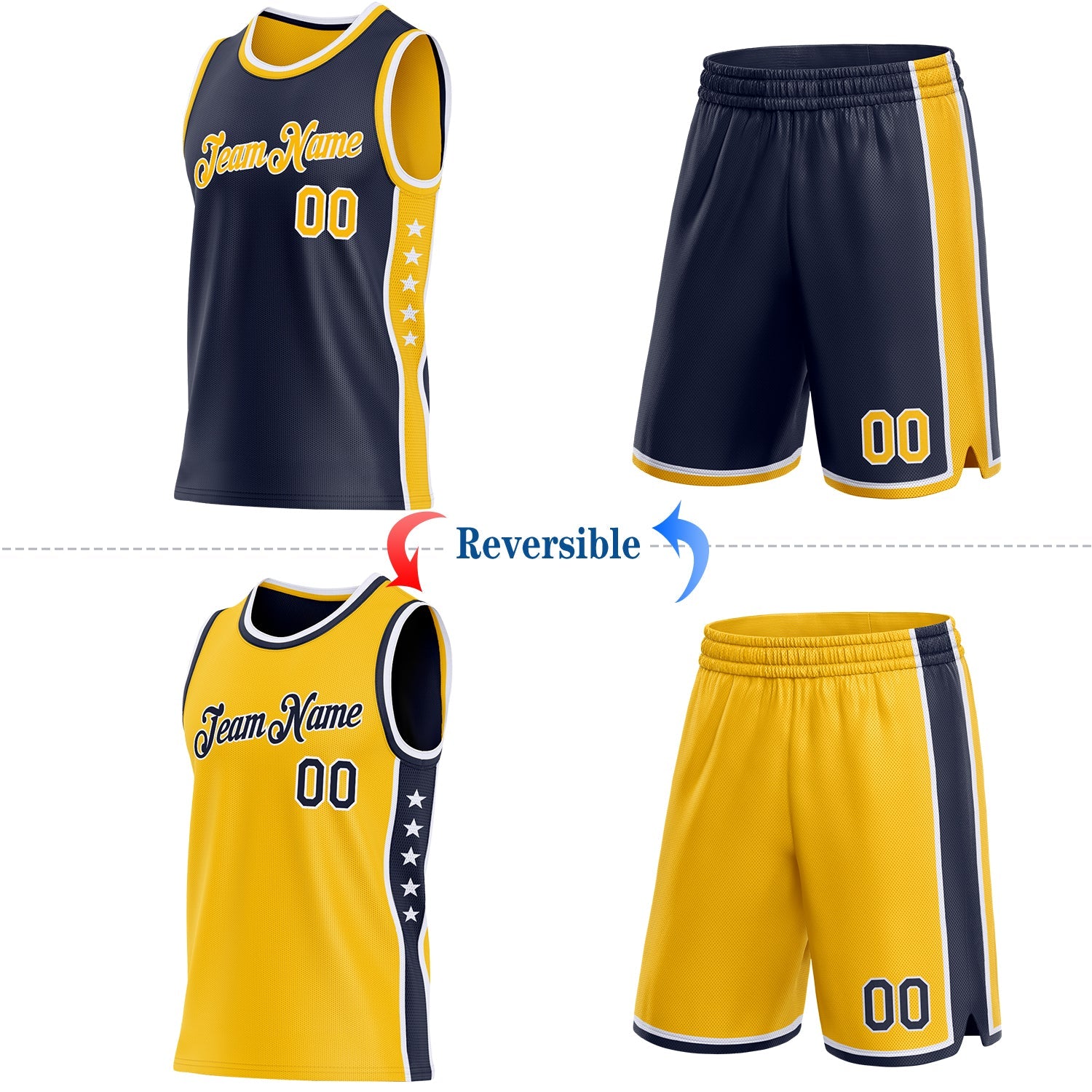 Custom Reversible Navy Gold-White Double Side Star Sublimation Basketball Set Jersey