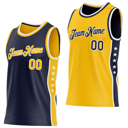 Custom Reversible Navy Gold-White Double Side Star Sublimation Basketball Set Jersey