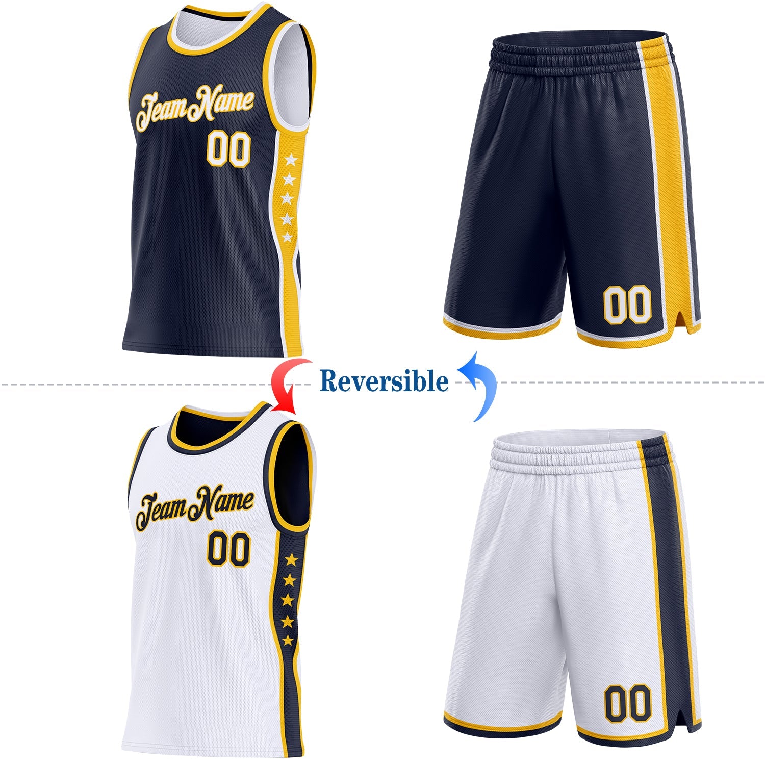 Custom Reversible Navy White-Gold Double Side Star Sublimation Basketball Set Jersey