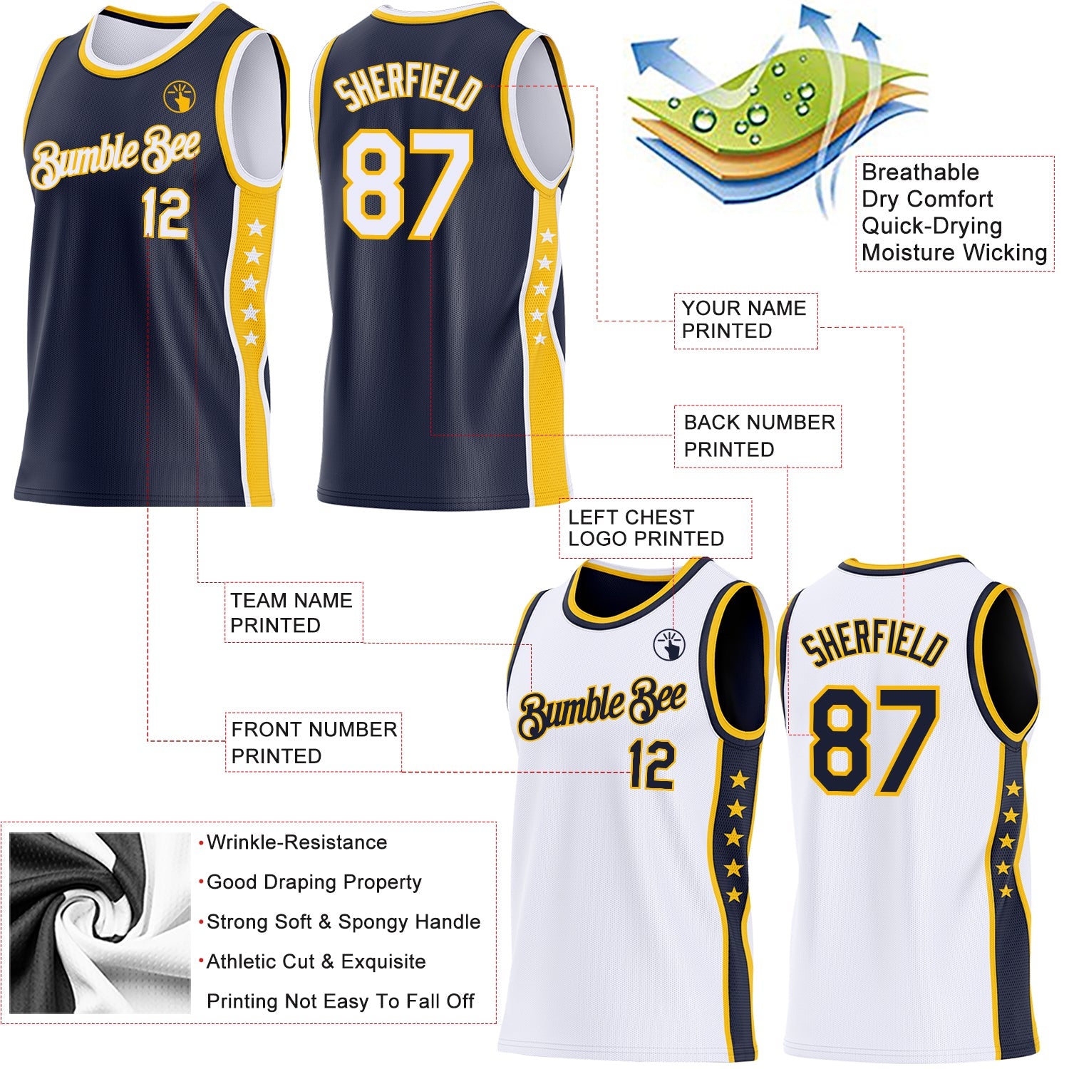 Custom Reversible Navy White-Gold Double Side Star Sublimation Basketball Set Jersey