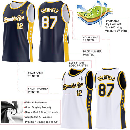 Custom Reversible Navy White-Gold Double Side Star Sublimation Basketball Set Jersey