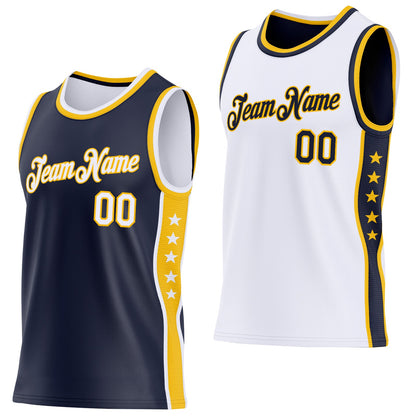 Custom Reversible Navy White-Gold Double Side Star Sublimation Basketball Set Jersey