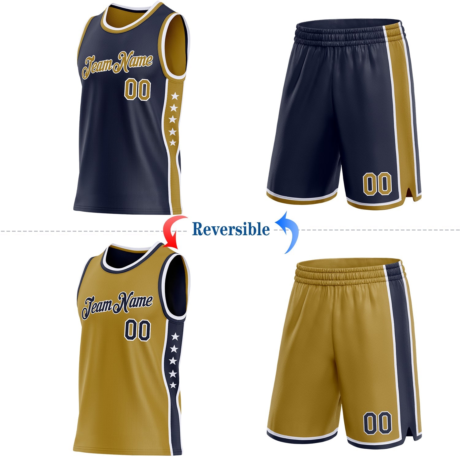 Custom Reversible Navy Old Gold-White Double Side Star Sublimation Basketball Set Jersey