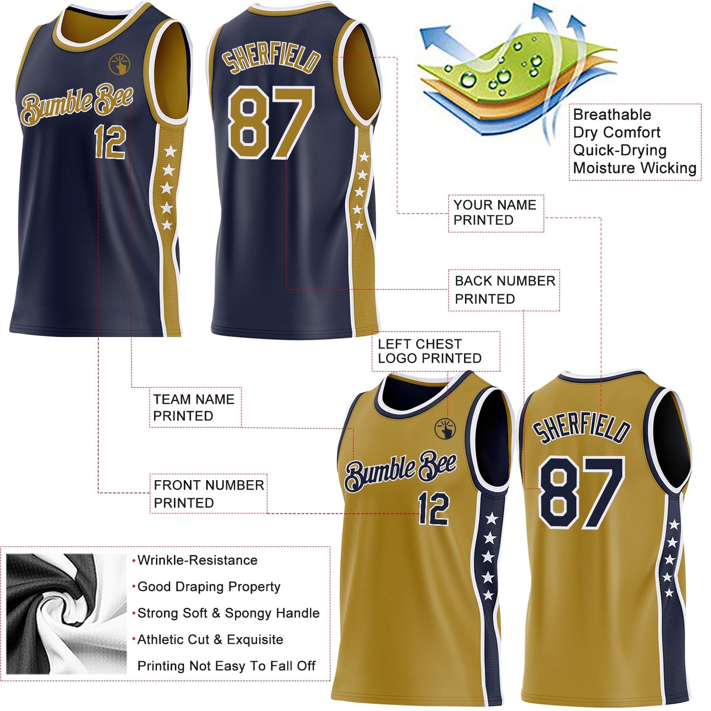 Custom Reversible Navy Old Gold-White Double Side Star Sublimation Basketball Set Jersey