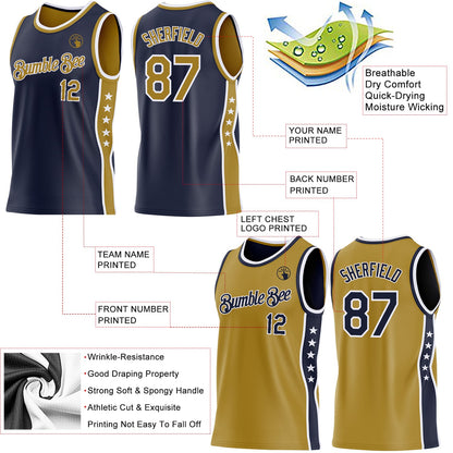 Custom Reversible Navy Old Gold-White Double Side Star Sublimation Basketball Set Jersey