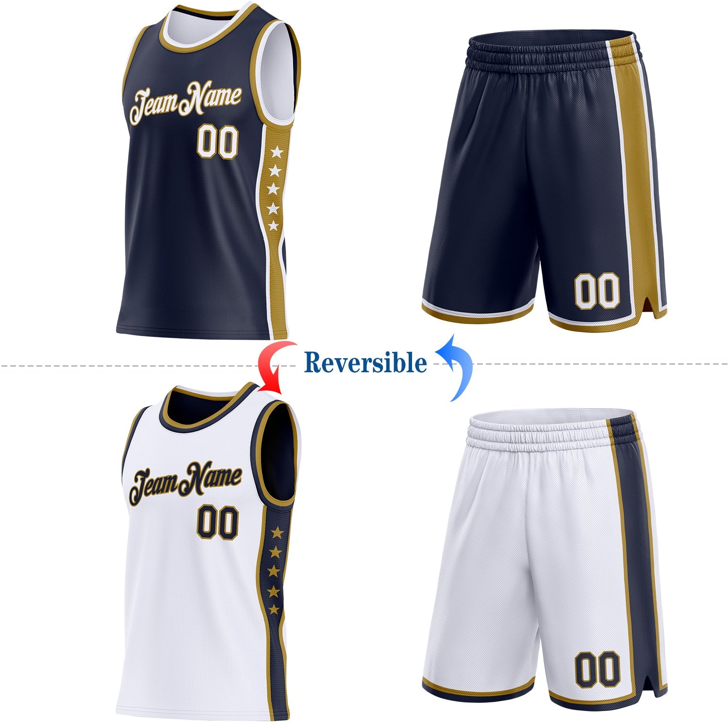 Custom Reversible Navy White-Old Gold Double Side Star Sublimation Basketball Set Jersey