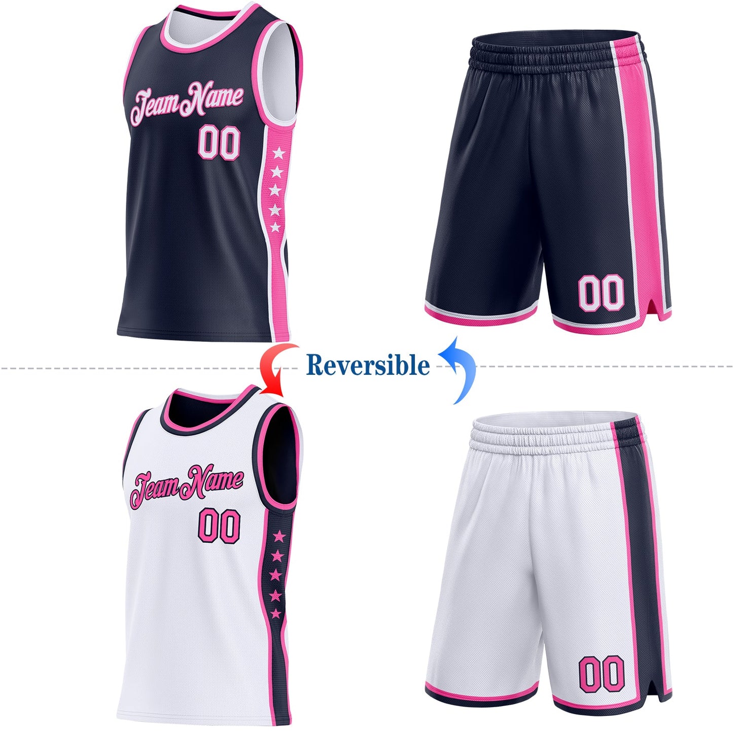Custom Reversible Navy White-Pink Double Side Star Sublimation Basketball Set Jersey