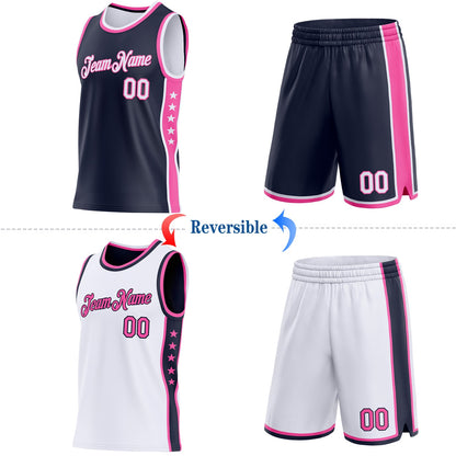 Custom Reversible Navy White-Pink Double Side Star Sublimation Basketball Set Jersey