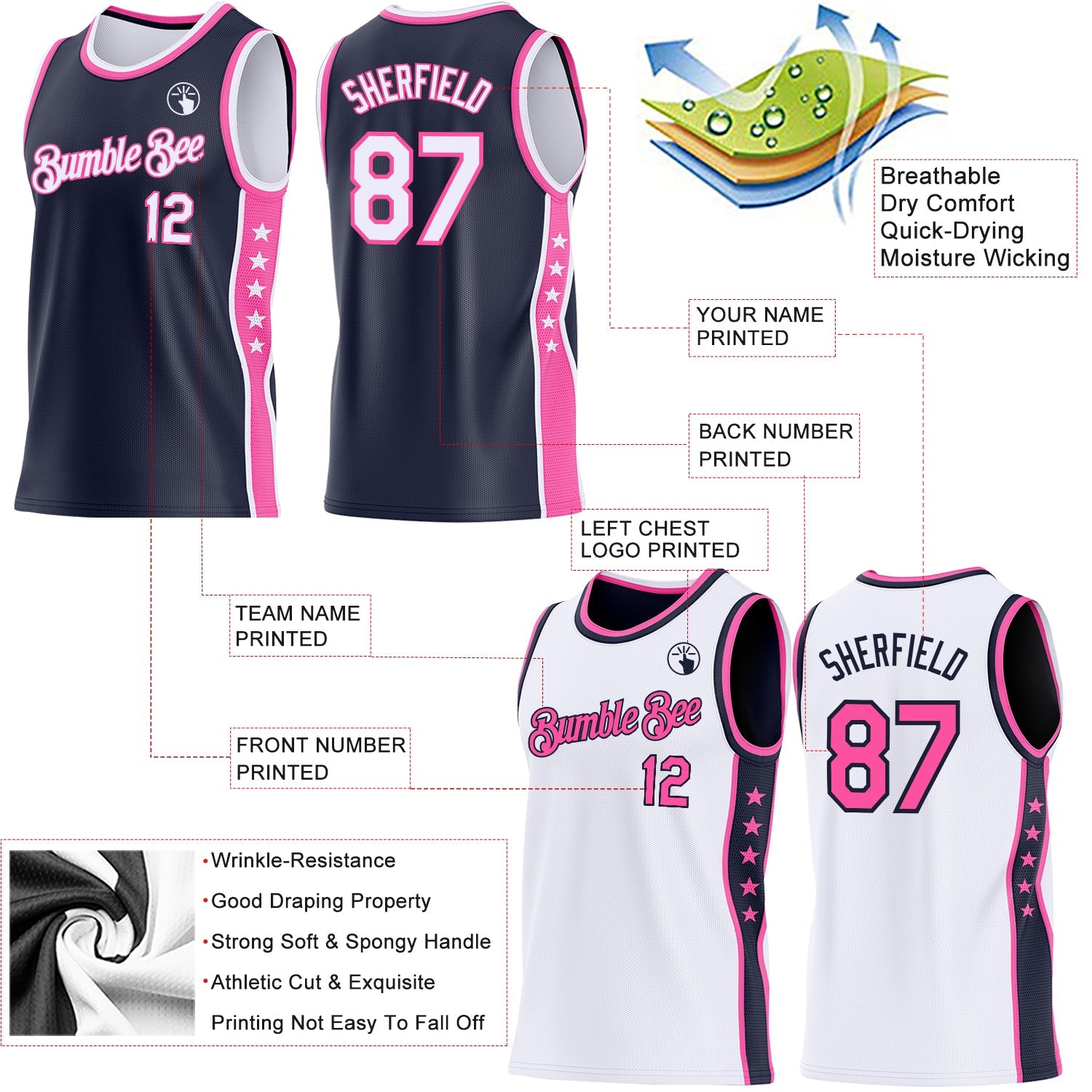 Custom Reversible Navy White-Pink Double Side Star Sublimation Basketball Set Jersey