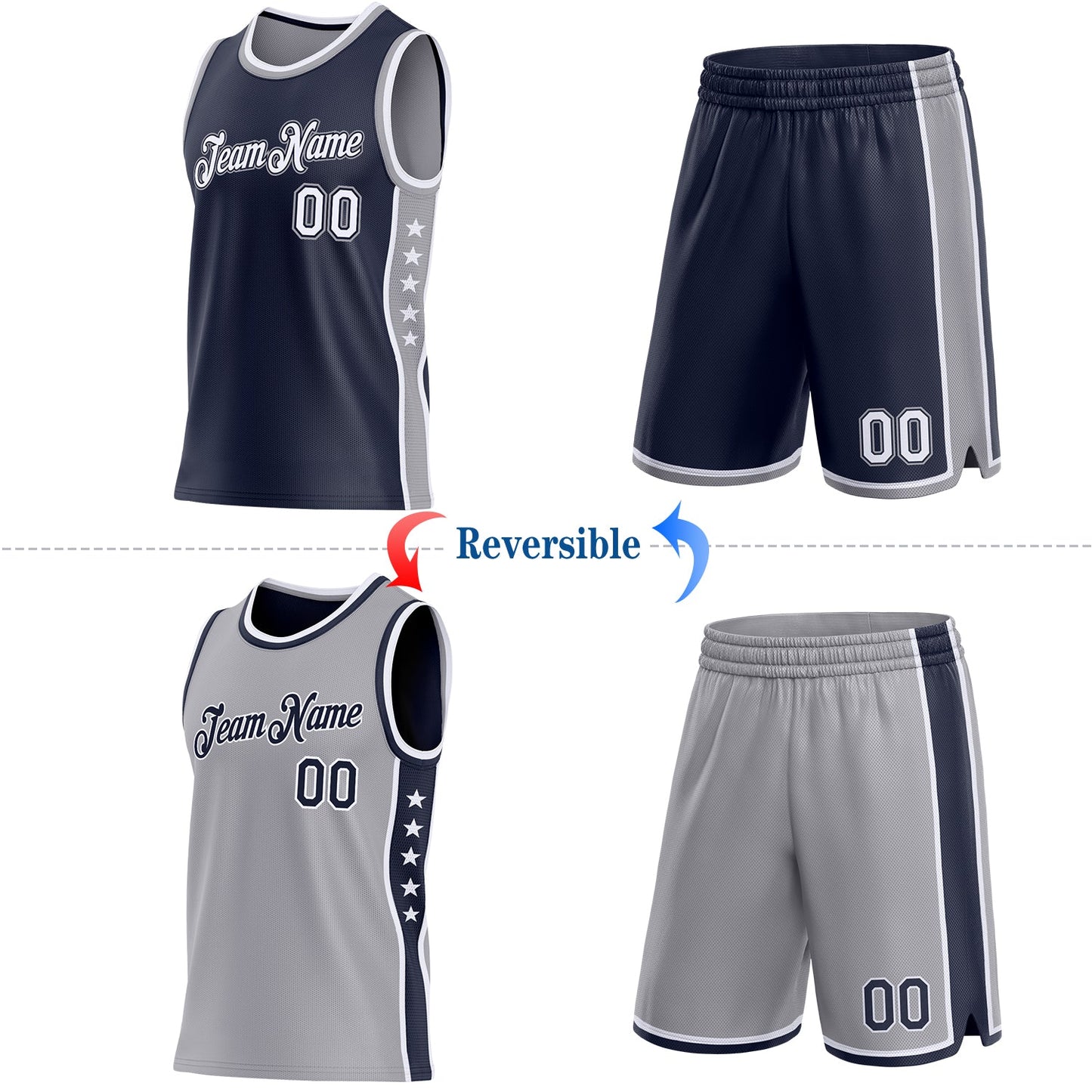 Custom Reversible Navy White-Gray Double Side Star Sublimation Basketball Set Jersey