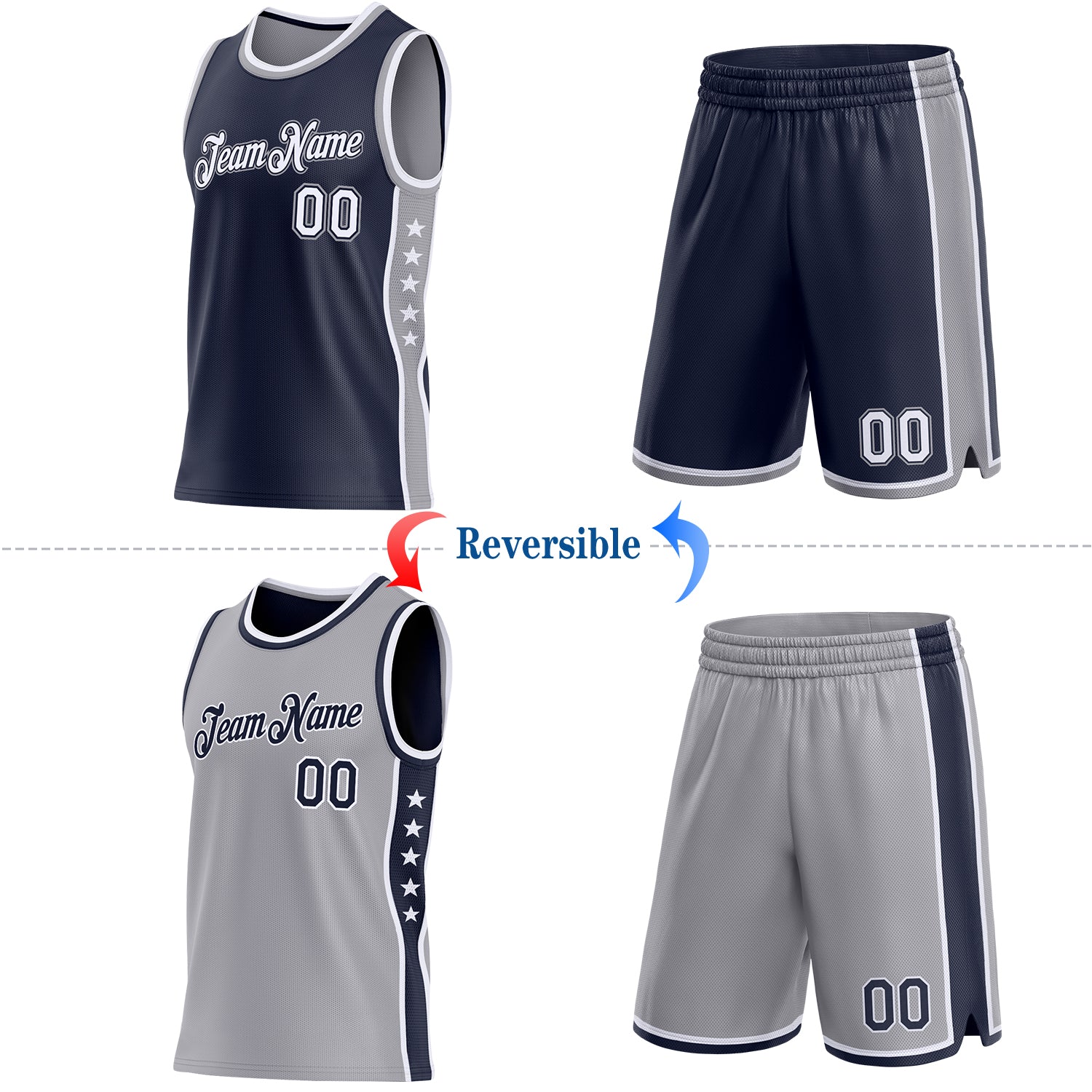 Custom Reversible Navy White-Gray Double Side Star Sublimation Basketball Set Jersey