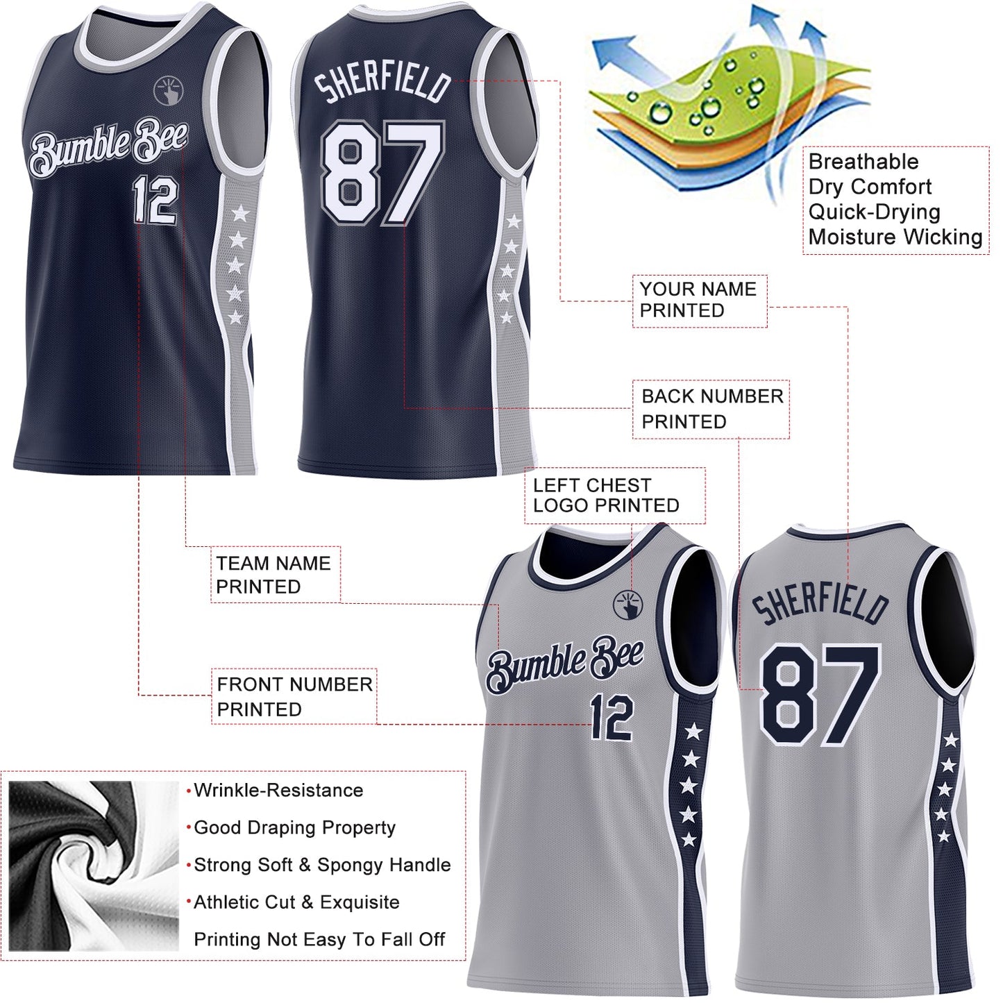 Custom Reversible Navy White-Gray Double Side Star Sublimation Basketball Set Jersey
