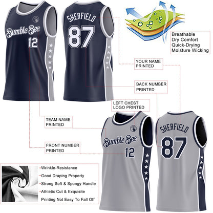 Custom Reversible Navy White-Gray Double Side Star Sublimation Basketball Set Jersey