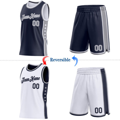 Custom Reversible Navy Gray-White Double Side Star Sublimation Basketball Set Jersey