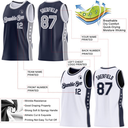 Custom Reversible Navy Gray-White Double Side Star Sublimation Basketball Set Jersey