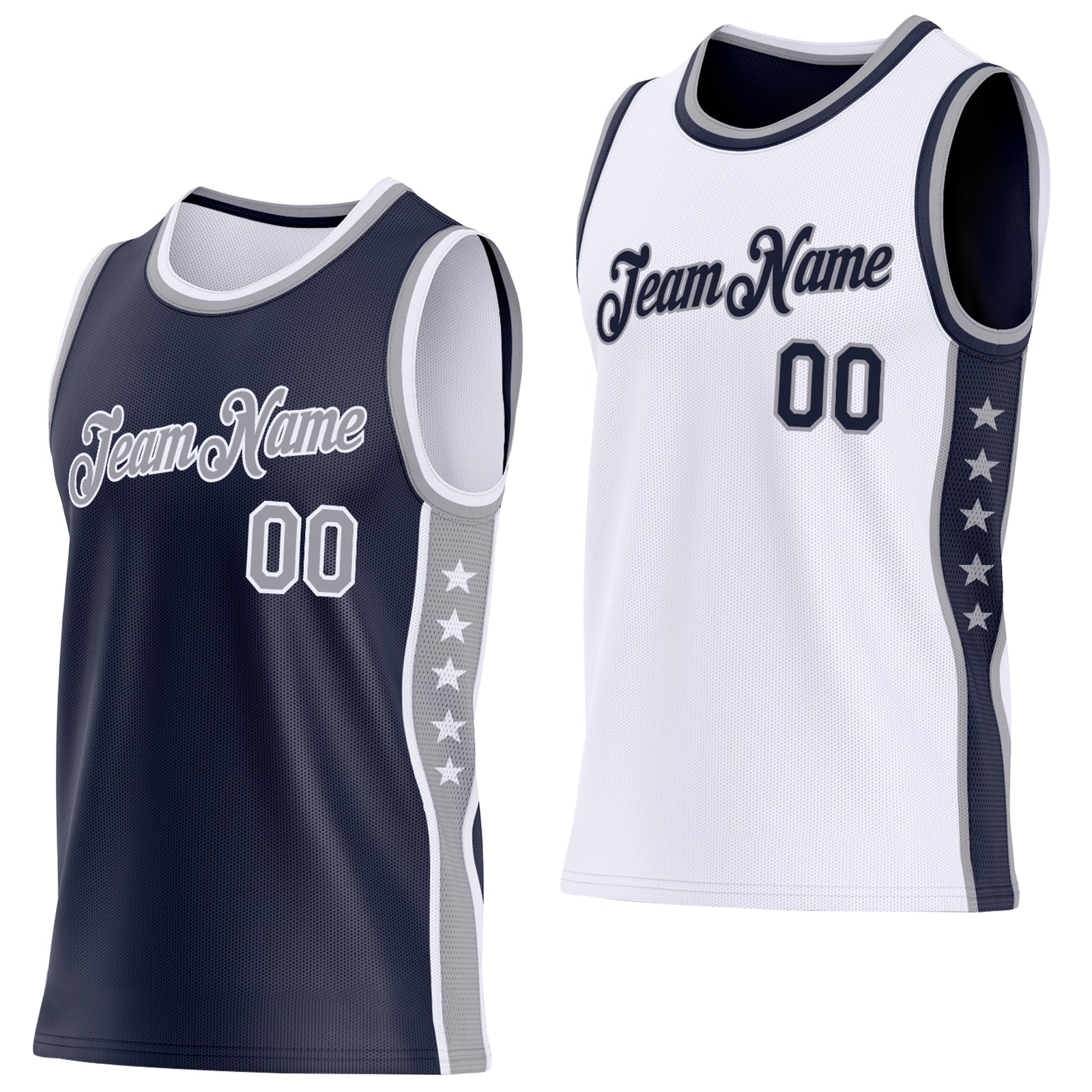 Custom Reversible Navy Gray-White Double Side Star Sublimation Basketball Set Jersey