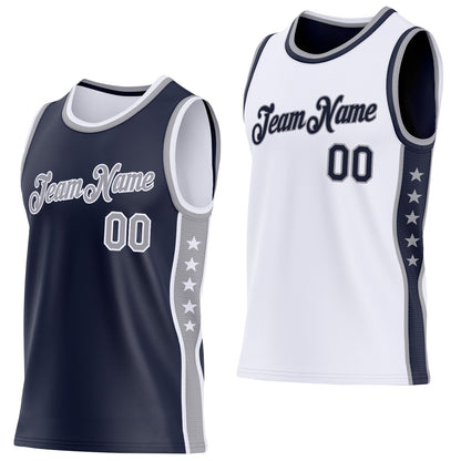 Custom Reversible Navy Gray-White Double Side Star Sublimation Basketball Set Jersey
