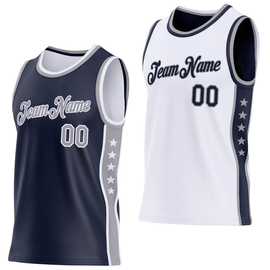 Custom Reversible Navy Gray-White Double Side Star Sublimation Basketball Set Jersey