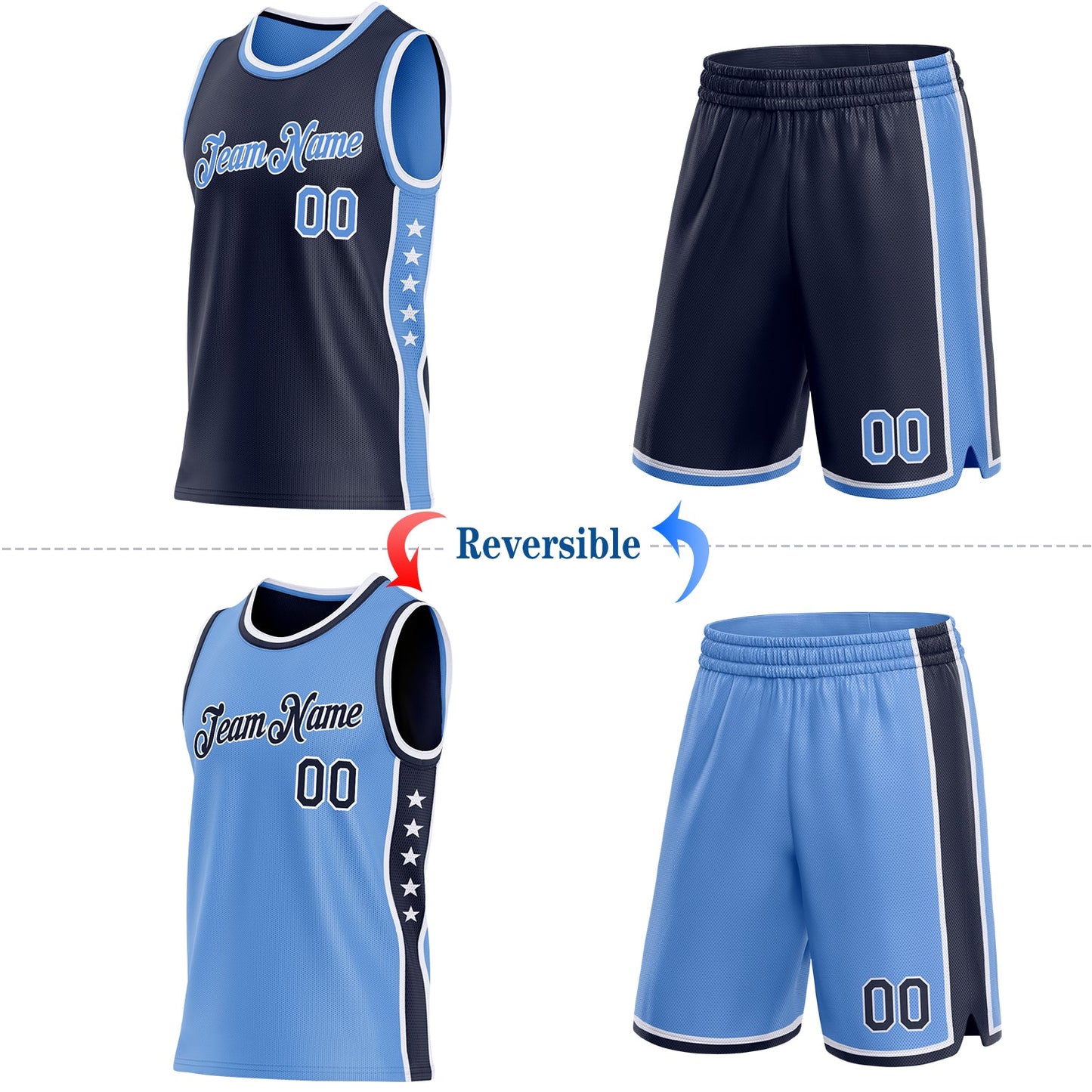 Custom Reversible Navy Lakes Blue-White Double Side Star Sublimation Basketball Set Jersey