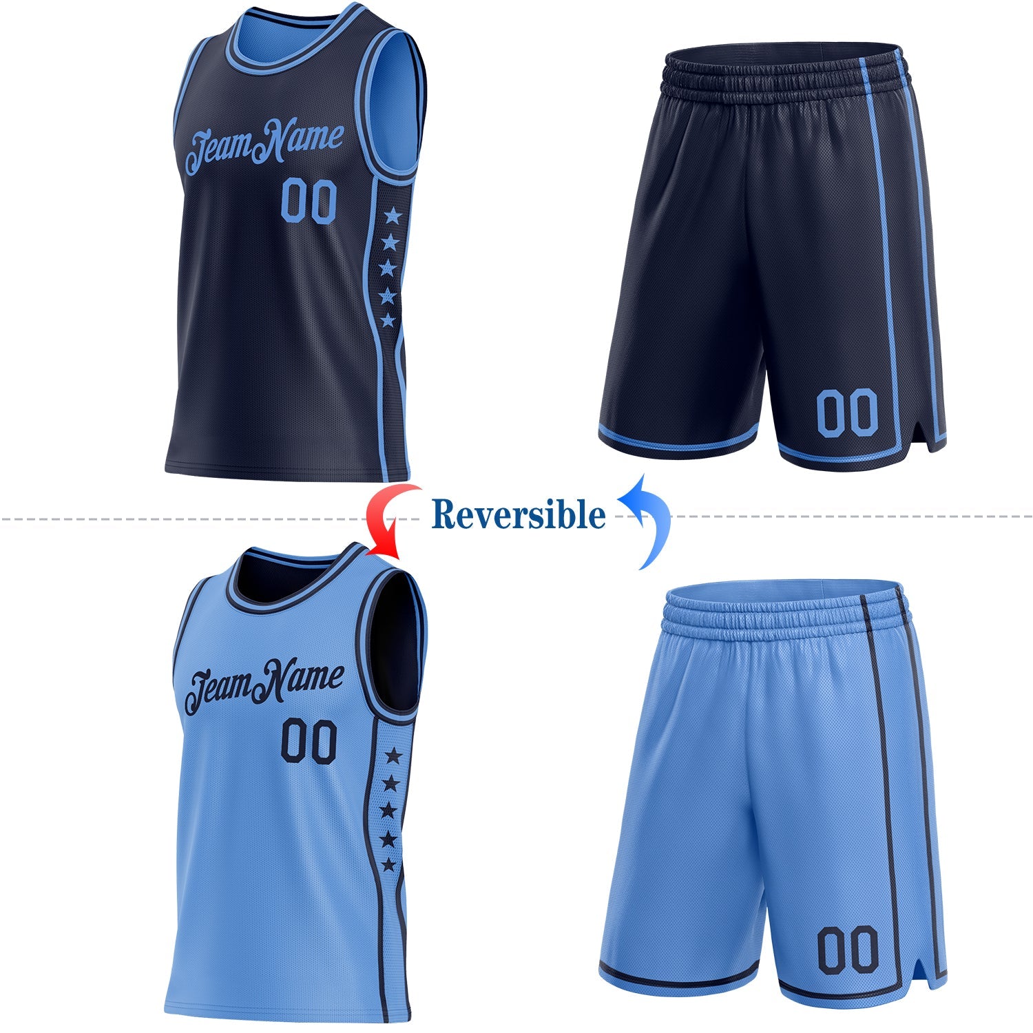 Custom Reversible Navy Lakes Blue Double Side Star Sublimation Basketball Set Jersey