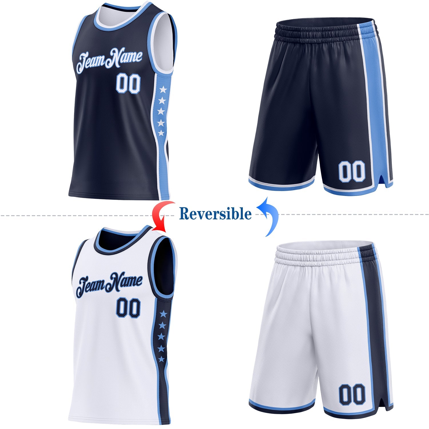 Custom Reversible Navy White-Lakes Blue Double Side Star Sublimation Basketball Set Jersey