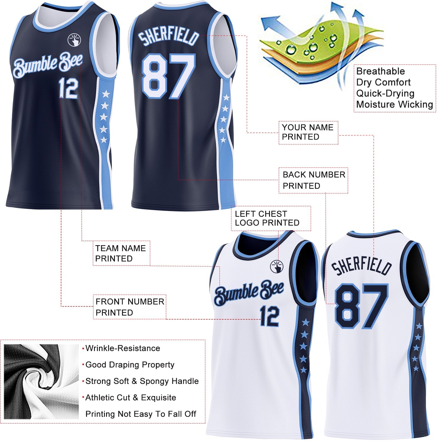 Custom Reversible Navy White-Lakes Blue Double Side Star Sublimation Basketball Set Jersey