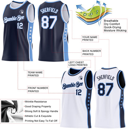Custom Reversible Navy White-Lakes Blue Double Side Star Sublimation Basketball Set Jersey