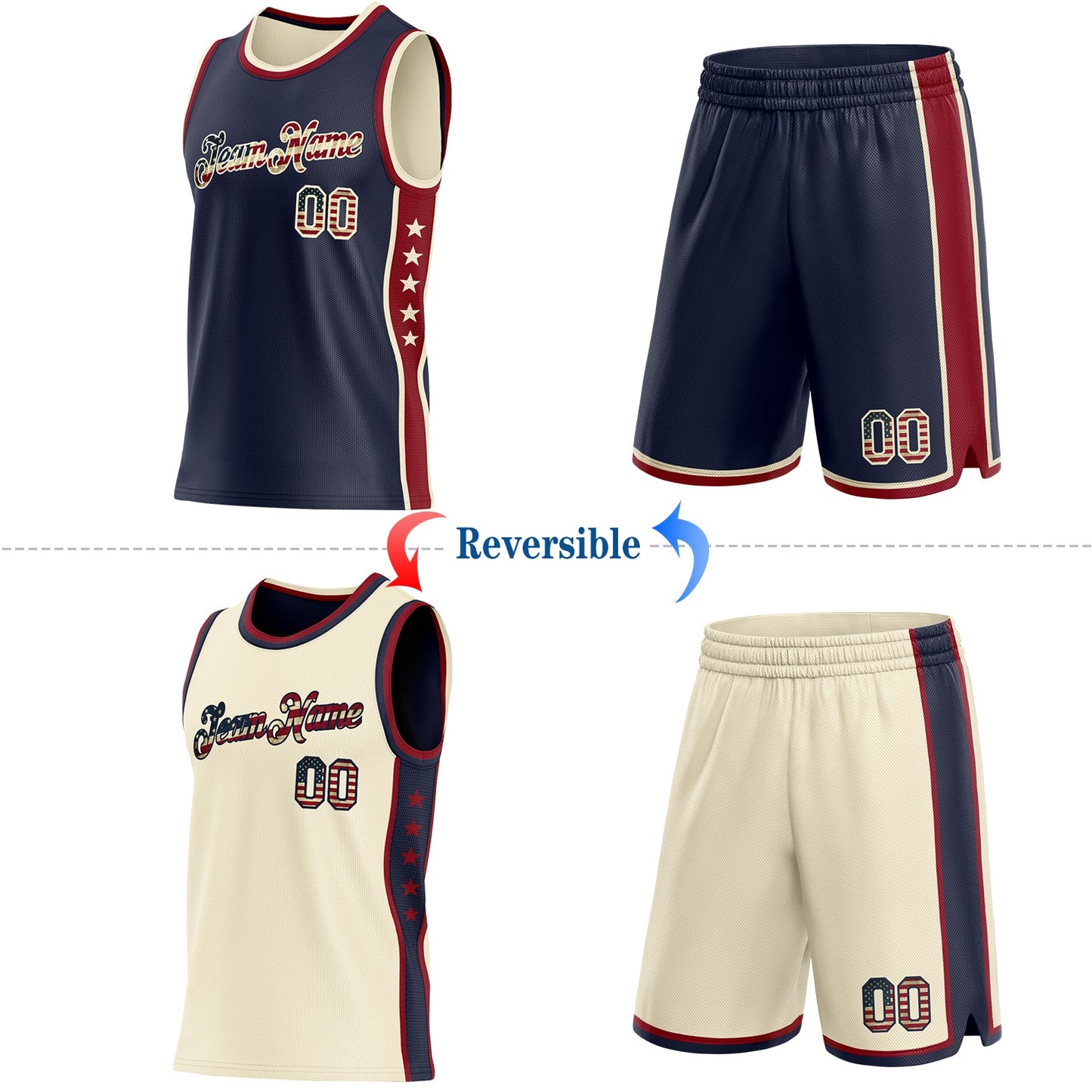 Custom Reversible Navy Vintage USA Flag-Cream Double Side Star Sublimation Basketball Set Jersey