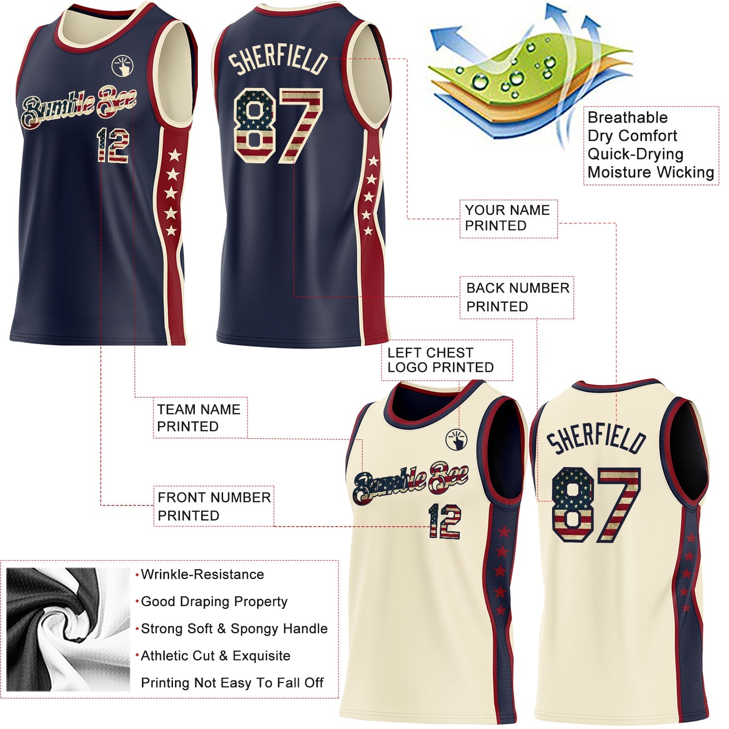 Custom Reversible Navy Vintage USA Flag-Cream Double Side Star Sublimation Basketball Set Jersey