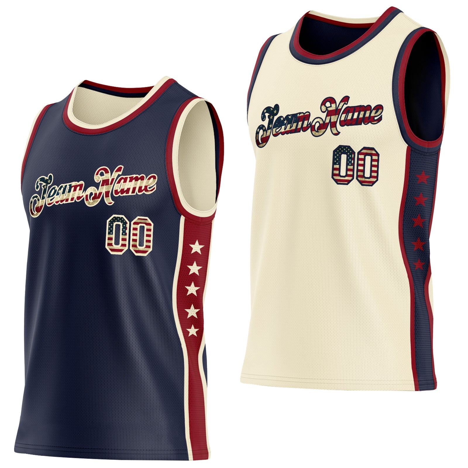 Custom Reversible Navy Vintage USA Flag-Cream Double Side Star Sublimation Basketball Set Jersey