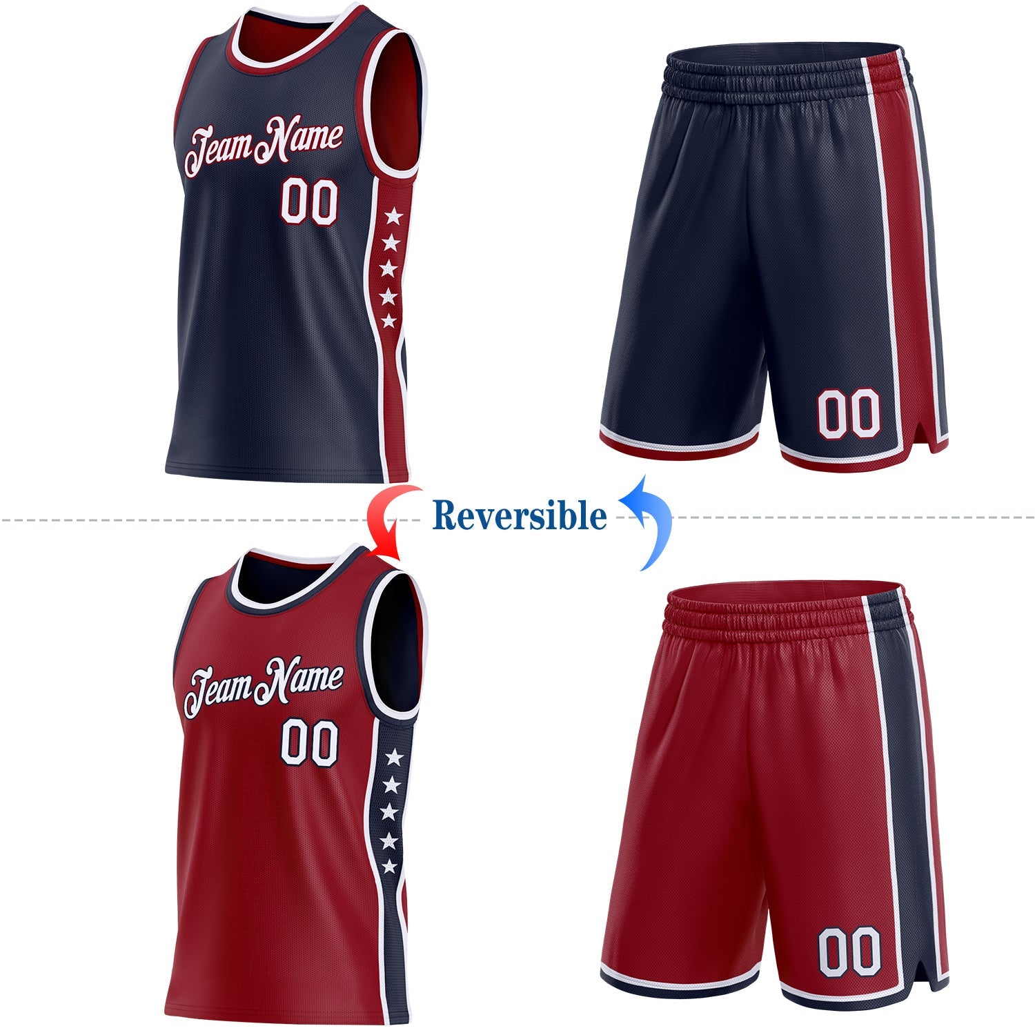 Custom Reversible Navy White-Crimson Double Side Star Sublimation Basketball Set Jersey