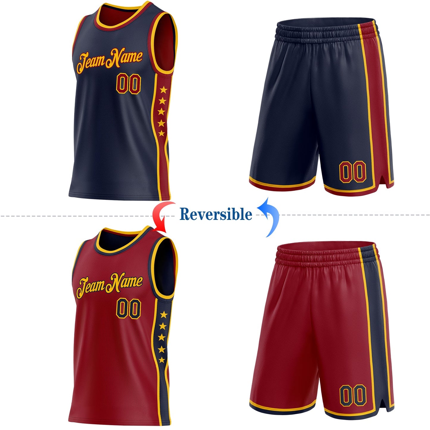 Custom Reversible Navy Crimson-Gold Double Side Star Sublimation Basketball Set Jersey