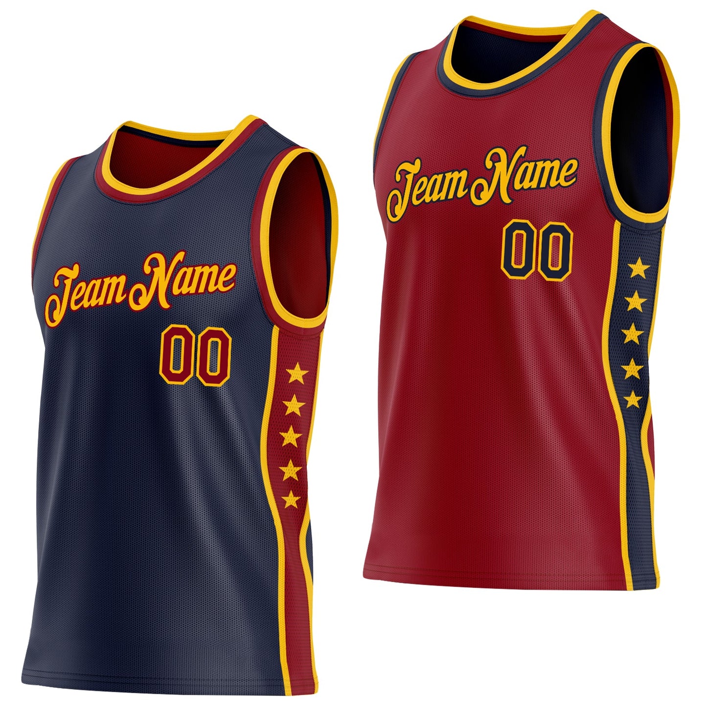 Custom Reversible Navy Crimson-Gold Double Side Star Sublimation Basketball Set Jersey