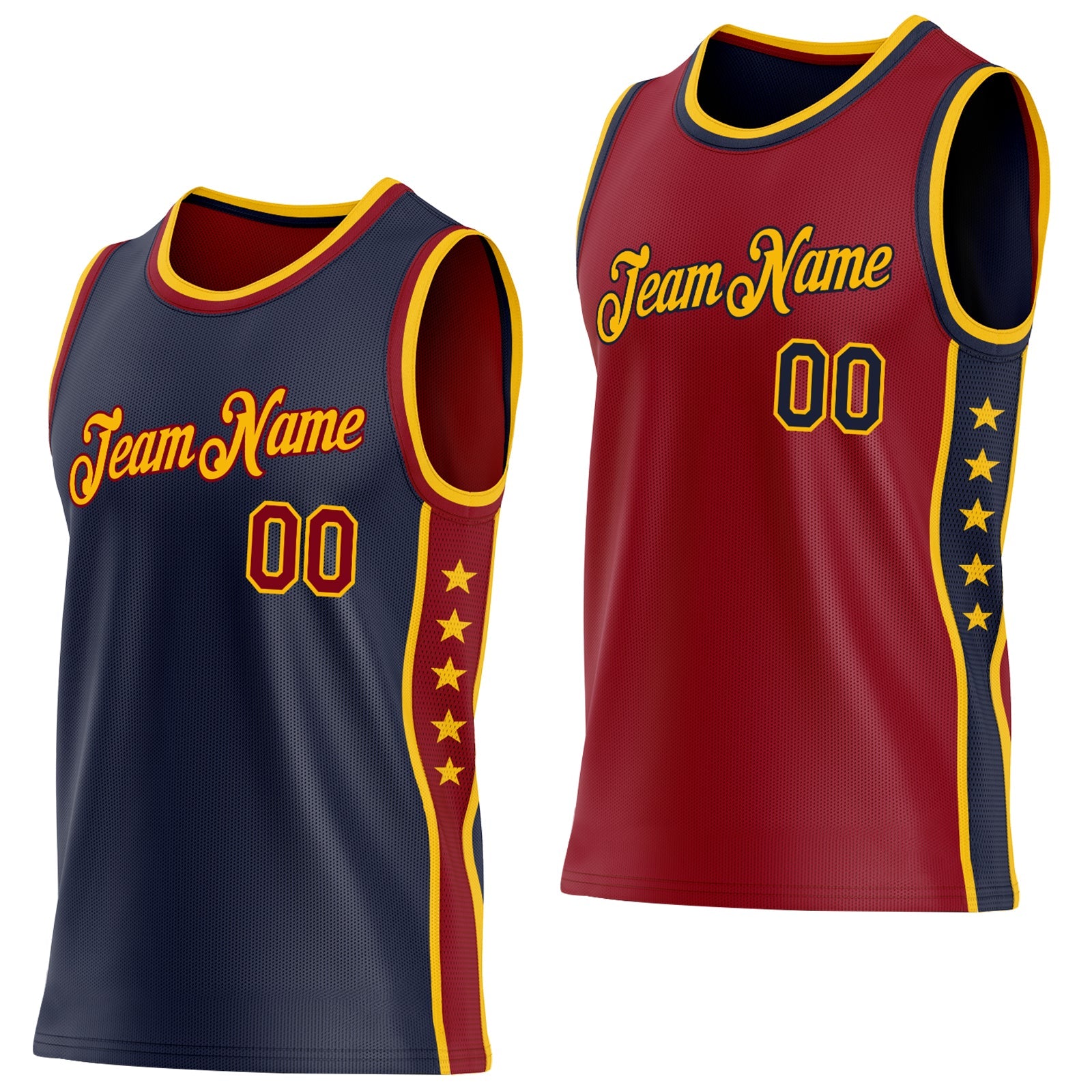Custom Reversible Navy Crimson-Gold Double Side Star Sublimation Basketball Set Jersey