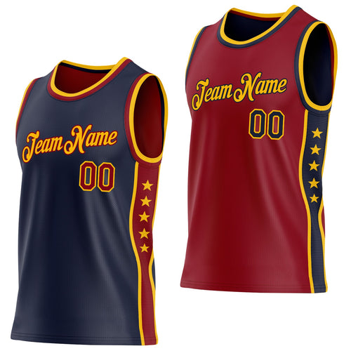 Custom Reversible Navy Crimson-Gold Double Side Star Sublimation Basketball Set Jersey