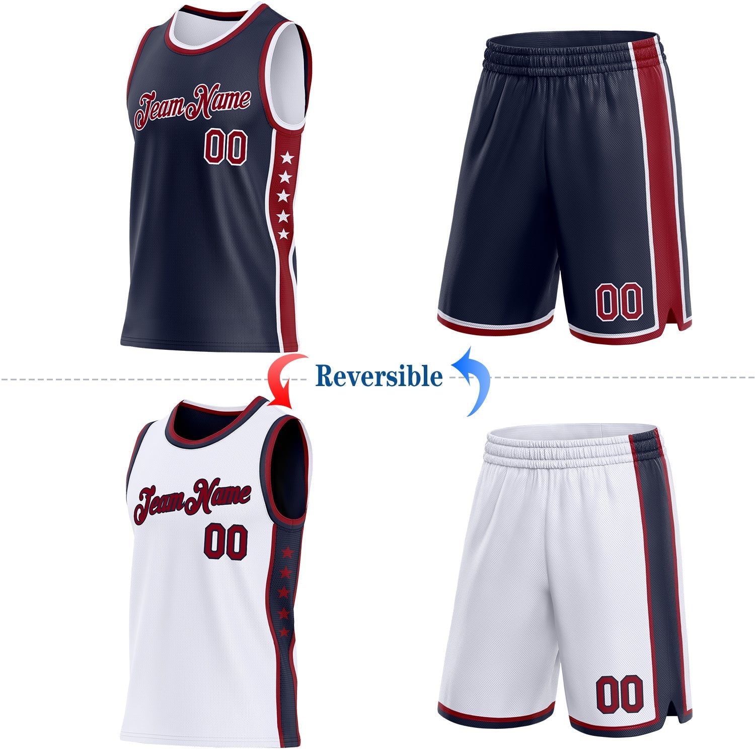 Custom Reversible Navy Crimson-White Double Side Star Sublimation Basketball Set Jersey