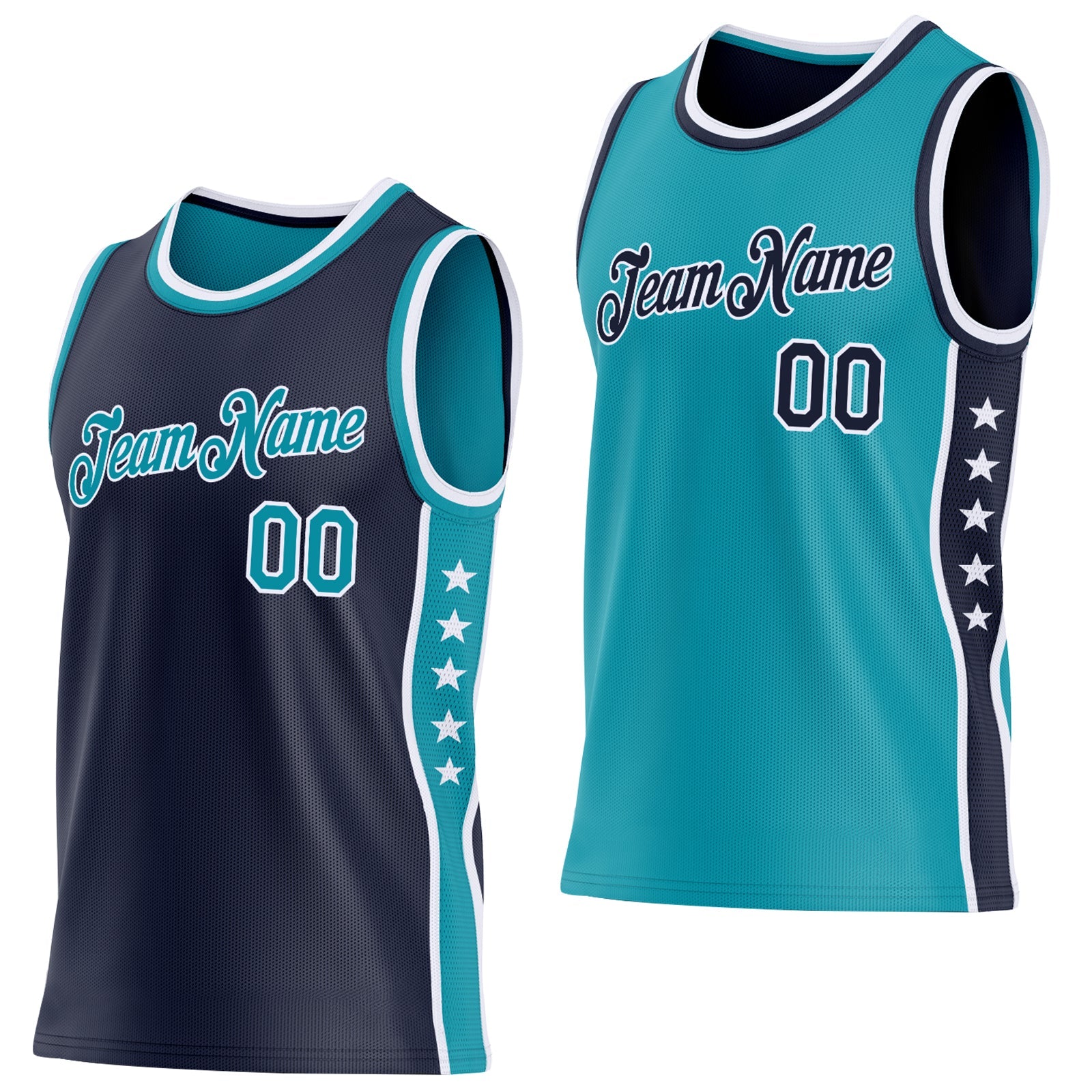 Custom Reversible Navy Teal-White Double Side Star Sublimation Basketball Set Jersey