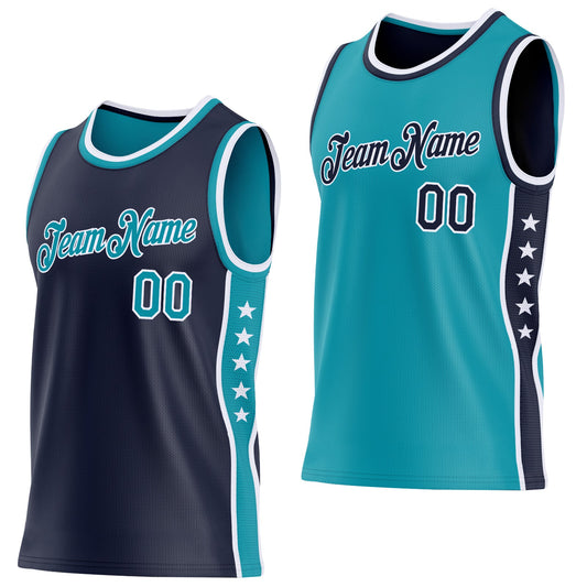 Custom Reversible Navy Teal-White Double Side Star Sublimation Basketball Set Jersey