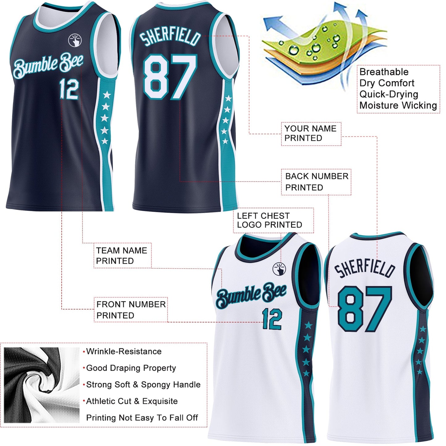 Custom Reversible Navy White-Teal Double Side Star Sublimation Basketball Set Jersey