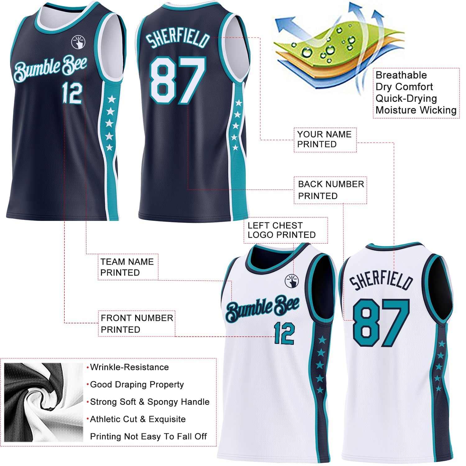 Custom Reversible Navy White-Teal Double Side Star Sublimation Basketball Set Jersey