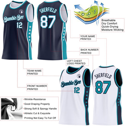 Custom Reversible Navy White-Teal Double Side Star Sublimation Basketball Set Jersey