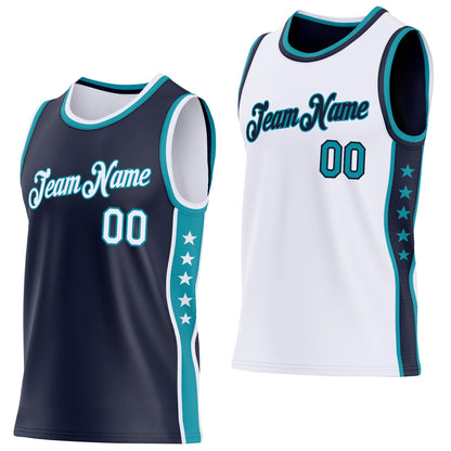 Custom Reversible Navy White-Teal Double Side Star Sublimation Basketball Set Jersey