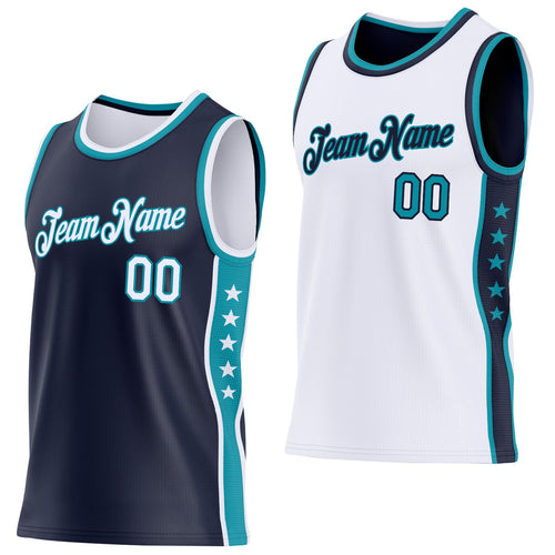 Custom Reversible Navy White-Teal Double Side Star Sublimation Basketball Set Jersey