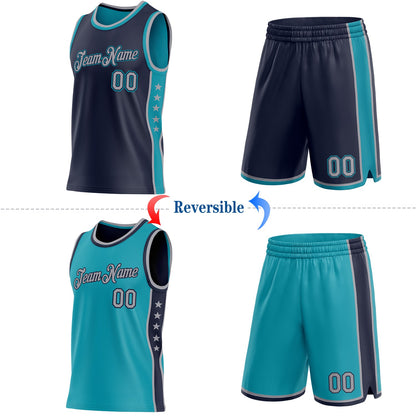Custom Reversible Navy Gray-Teal Double Side Star Sublimation Basketball Set Jersey