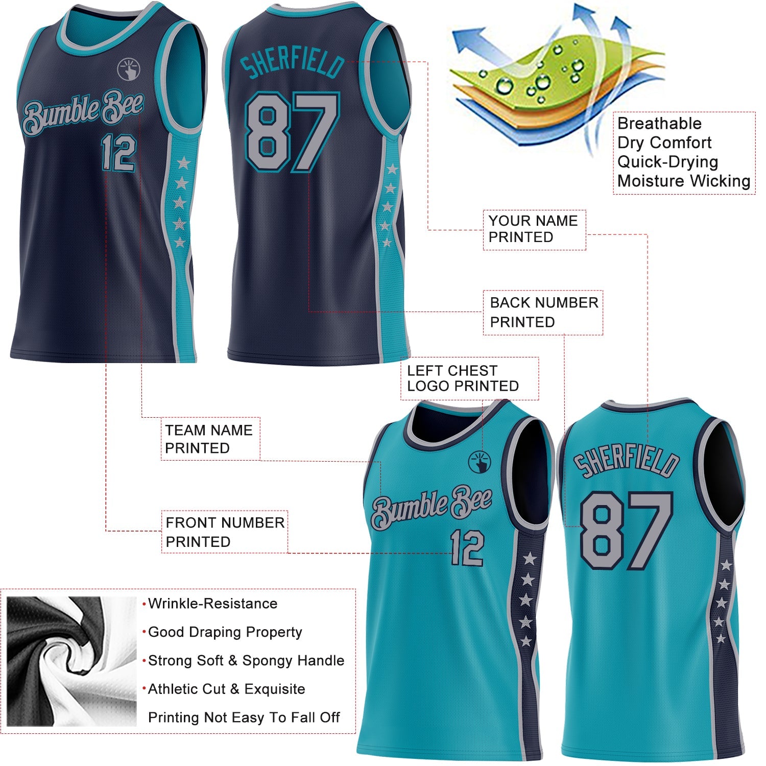 Custom Reversible Navy Gray-Teal Double Side Star Sublimation Basketball Set Jersey