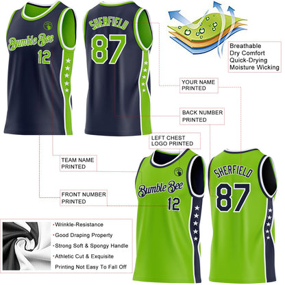 Custom Reversible Navy Neon Green-White Double Side Star Sublimation Basketball Set Jersey
