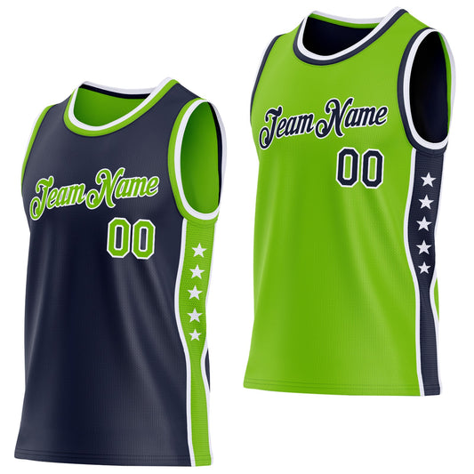 Custom Reversible Navy Neon Green-White Double Side Star Sublimation Basketball Set Jersey